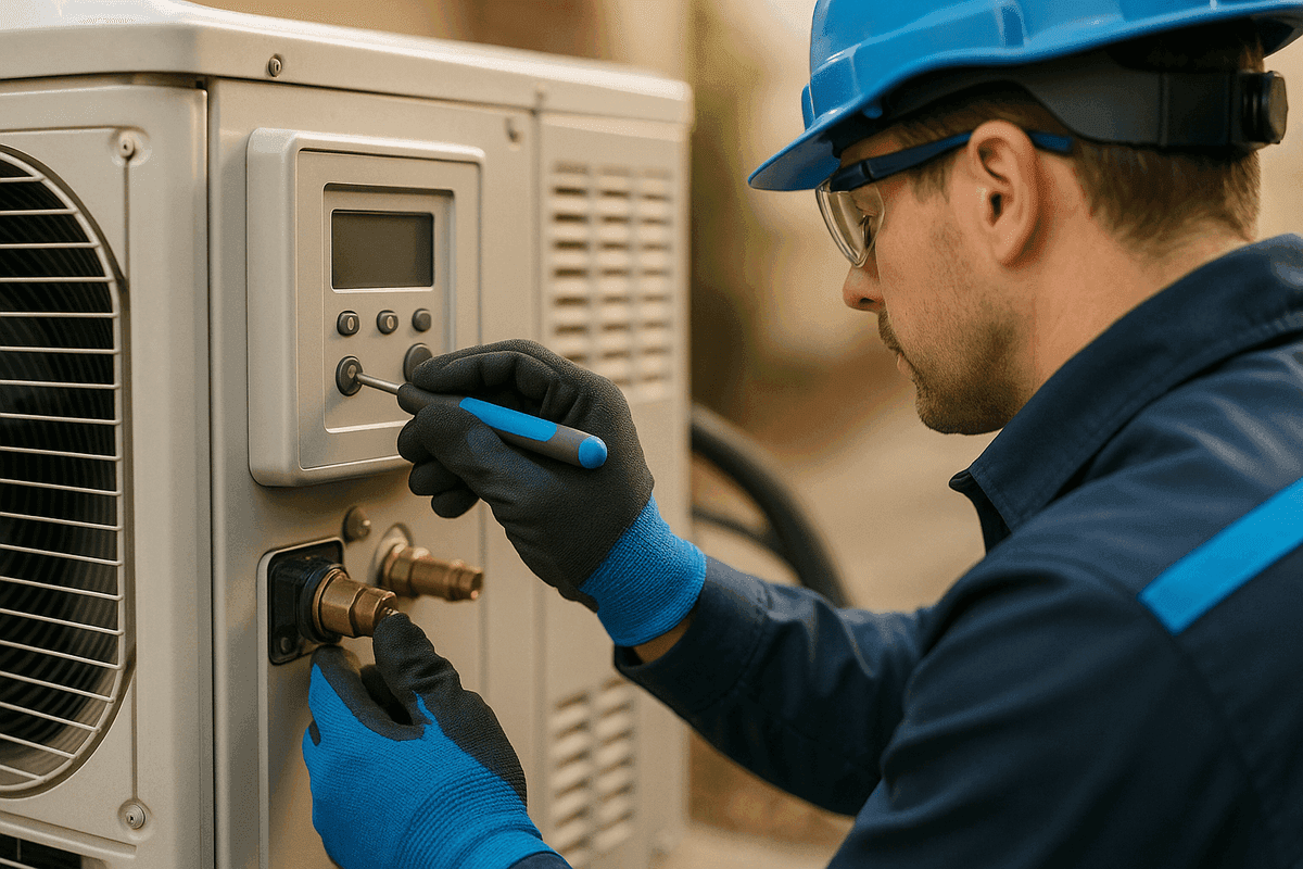 Close-up of gloved HVAC technician adjusting air conditioning control panel outdoors